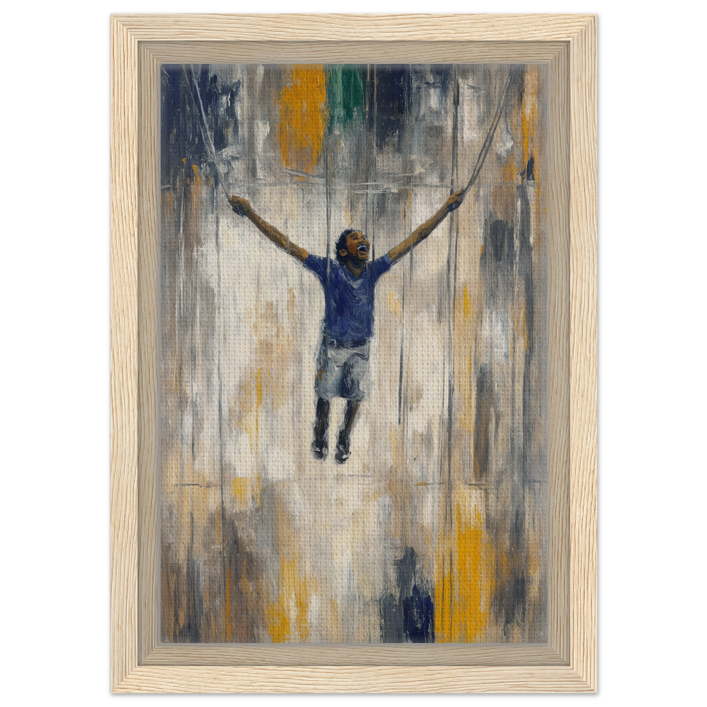 A person with outstretched arms jumps against an abstract background of the Transcendent Freedom Swing