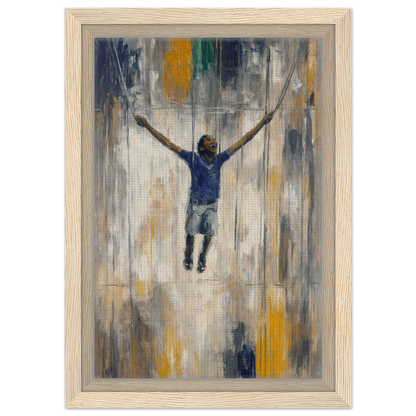 A person with outstretched arms jumps against an abstract background of the Transcendent Freedom Swing