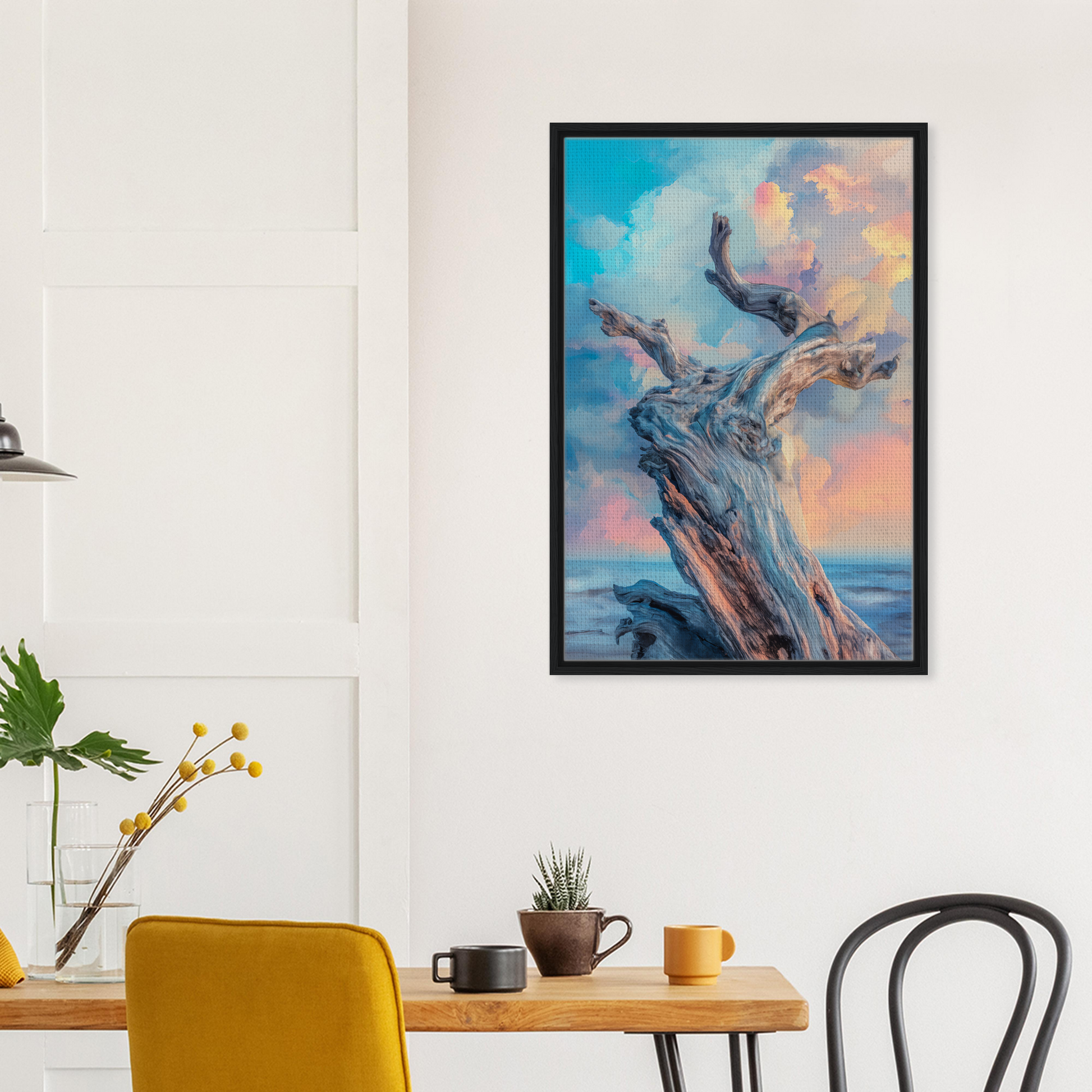 Framed painting of a twisted tree trunk with birds against a colorful sky for Transitory Arbor Dreams room decor