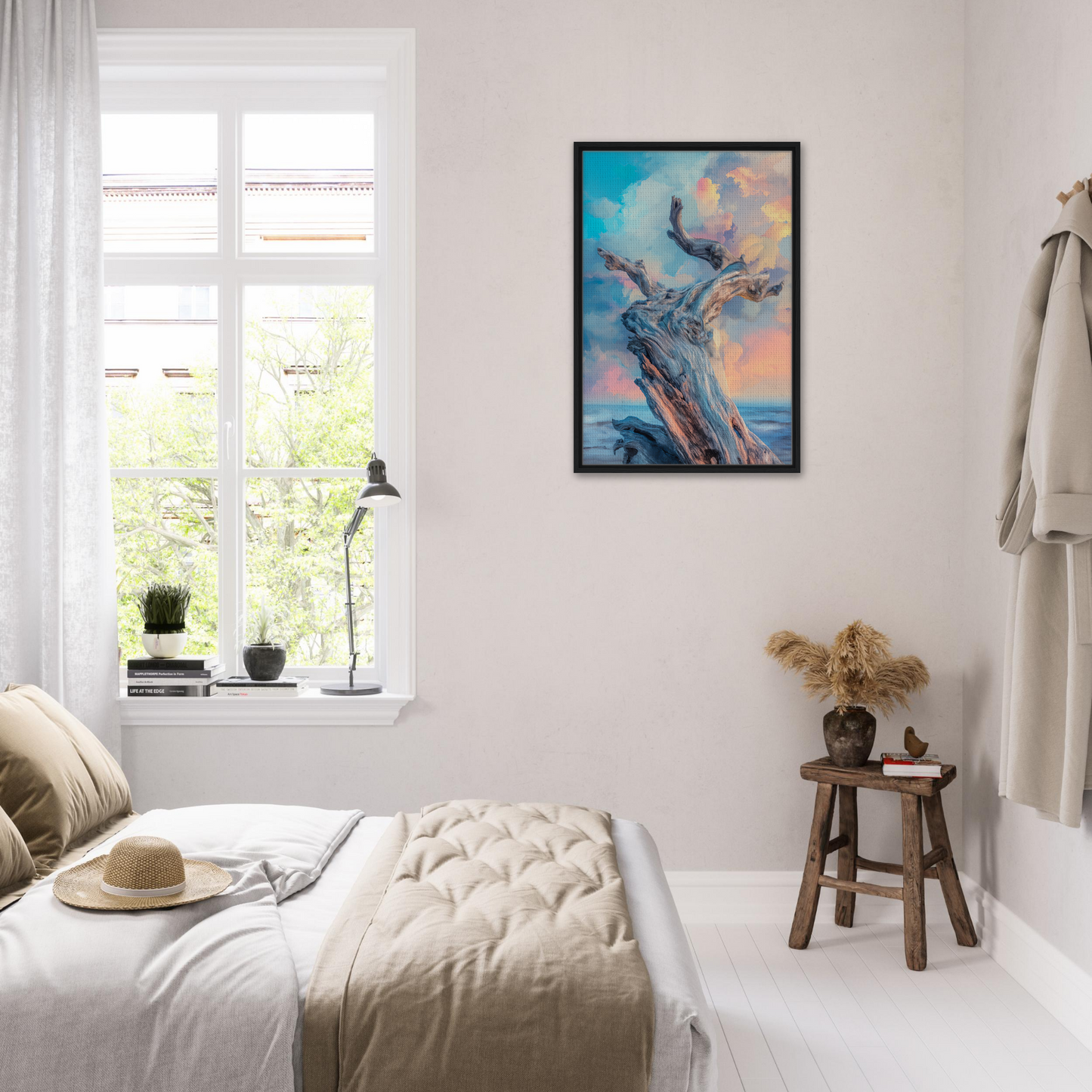 Bedroom featuring vibrant abstract art from Transitory Arbor Dreams for stylish room decor