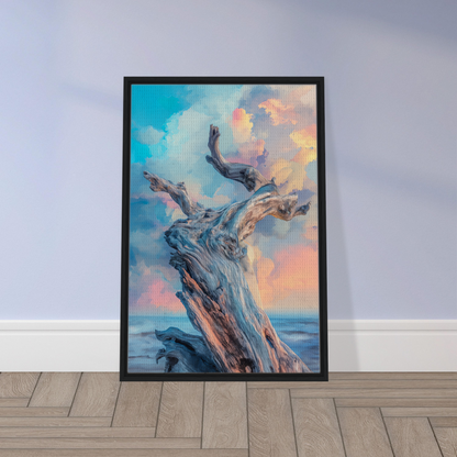 Framed painting of a gnarled tree trunk in vibrant sky, ideal for Transitory Arbor Dreams room decor