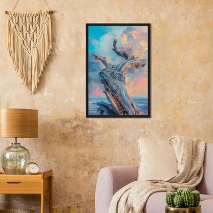 Framed painting of a twisted tree trunk under a colorful sky for Transitory Arbor Dreams room decor