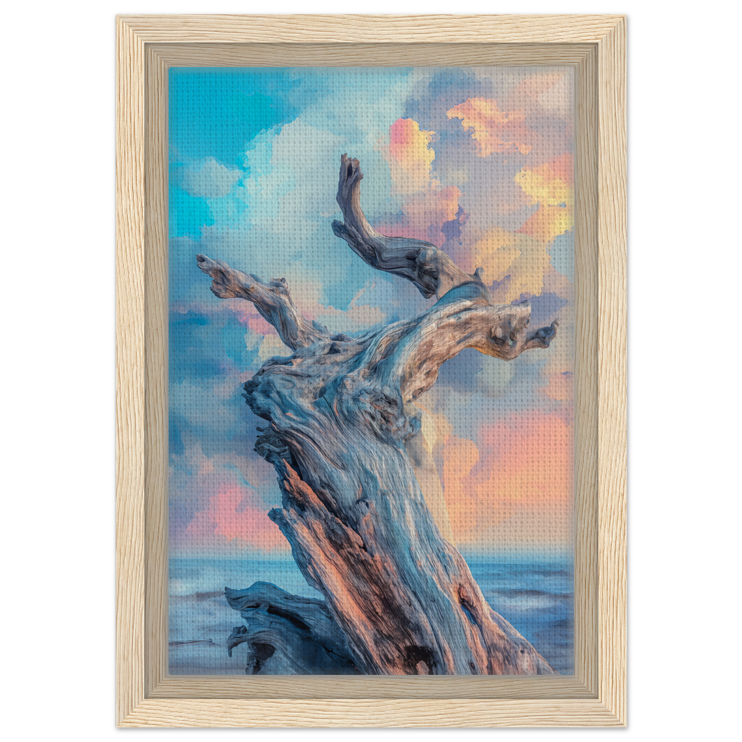 Twisted driftwood silhouette against a colorful sky in Transitory Arbor Dreams framed canvas print