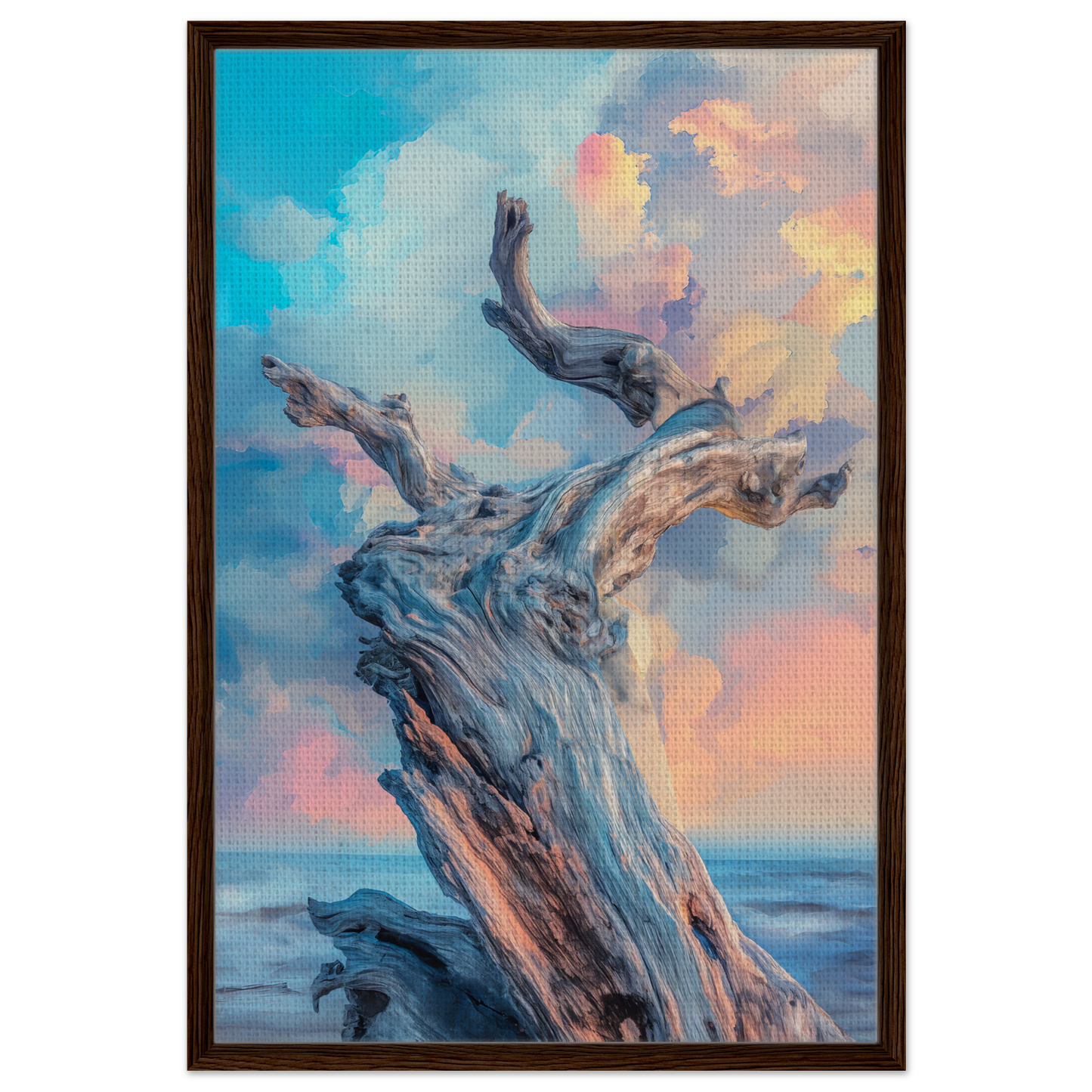 Twisted driftwood tree trunk under a colorful sky for Transitory Arbor Dreams decor