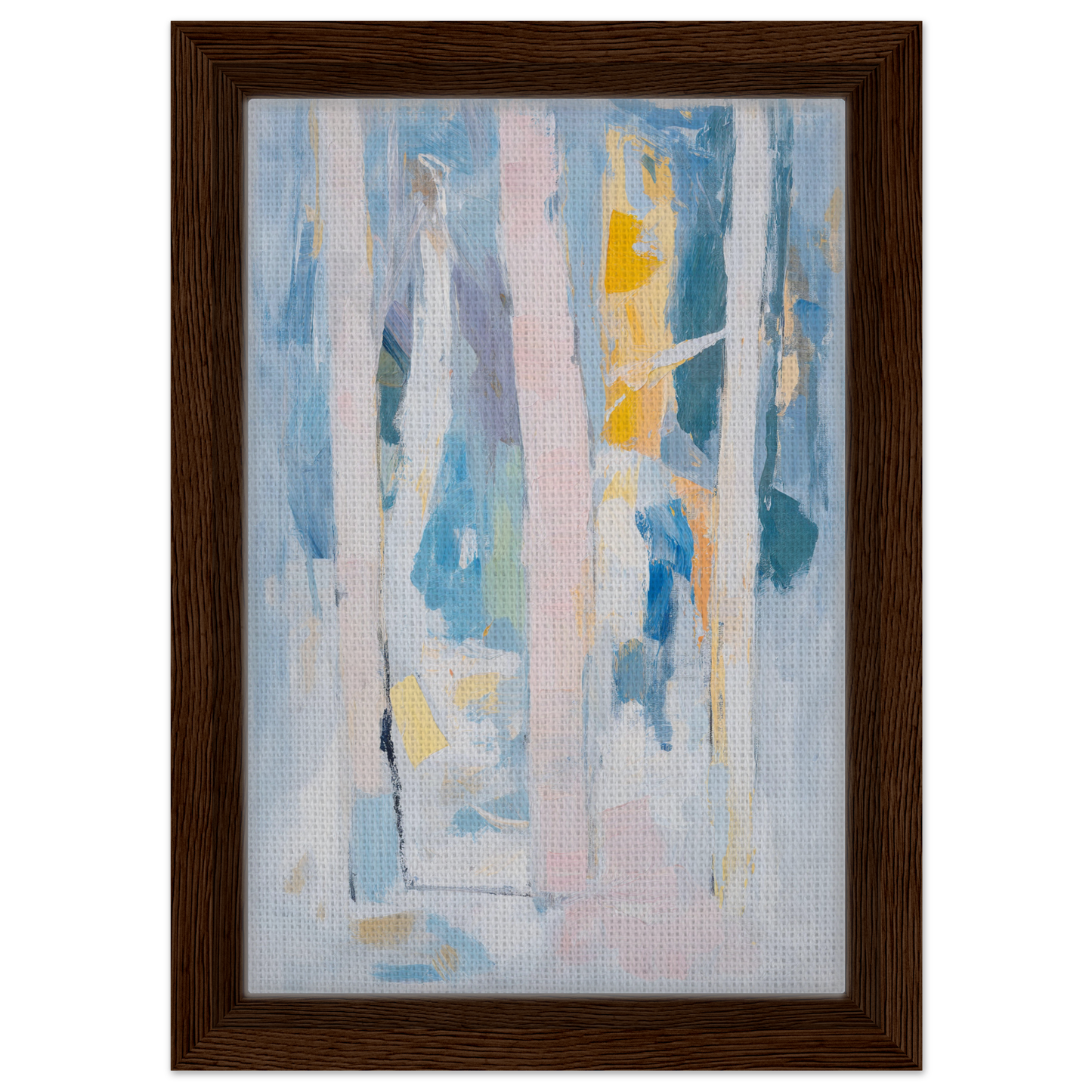 Abstract painting of soft pastel vertical stripes in a dark wood frame, Translucent Sea Symphony