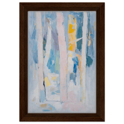 Abstract painting of soft pastel vertical stripes in a dark wood frame, Translucent Sea Symphony