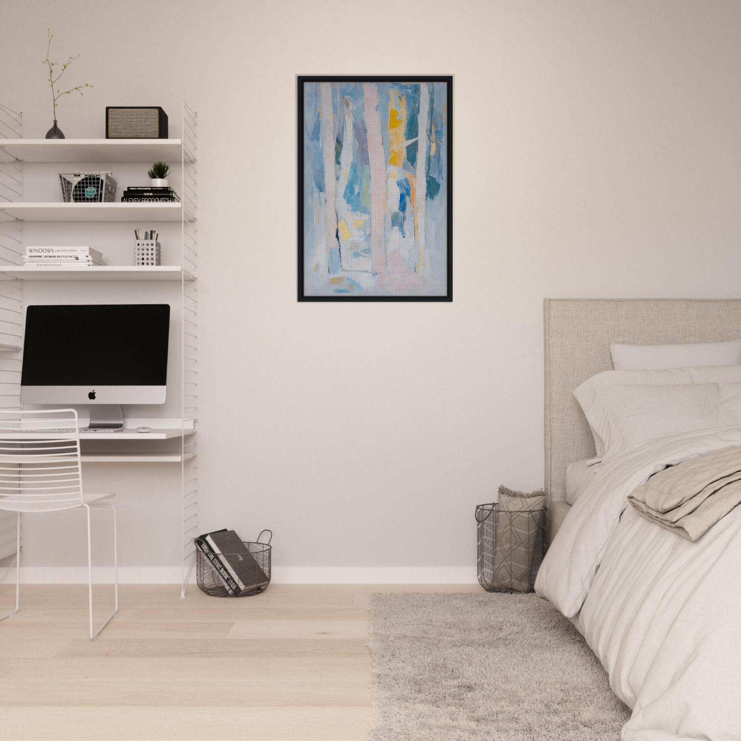 Modern bedroom with minimalist decor and a Framed Canvas Print of Translucent Sea Symphony