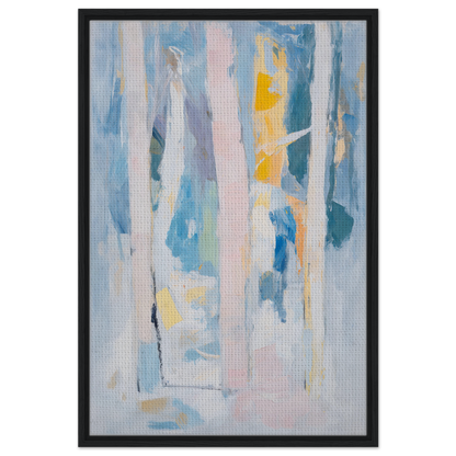 Abstract painting of soft blues, pinks, and yellows in Translucent Sea Symphony framed canvas print