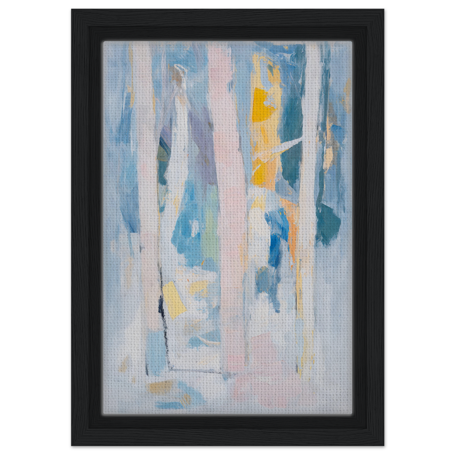 Abstract painting of vertical blue, pink, and yellow streaks in Translucent Sea Symphony