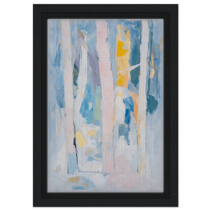 Abstract painting of vertical blue, pink, and yellow streaks in Translucent Sea Symphony