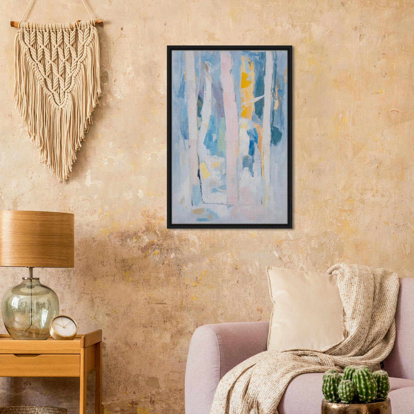 Framed canvas print of Translucent Sea Symphony with soft blue, white, and yellow streaks