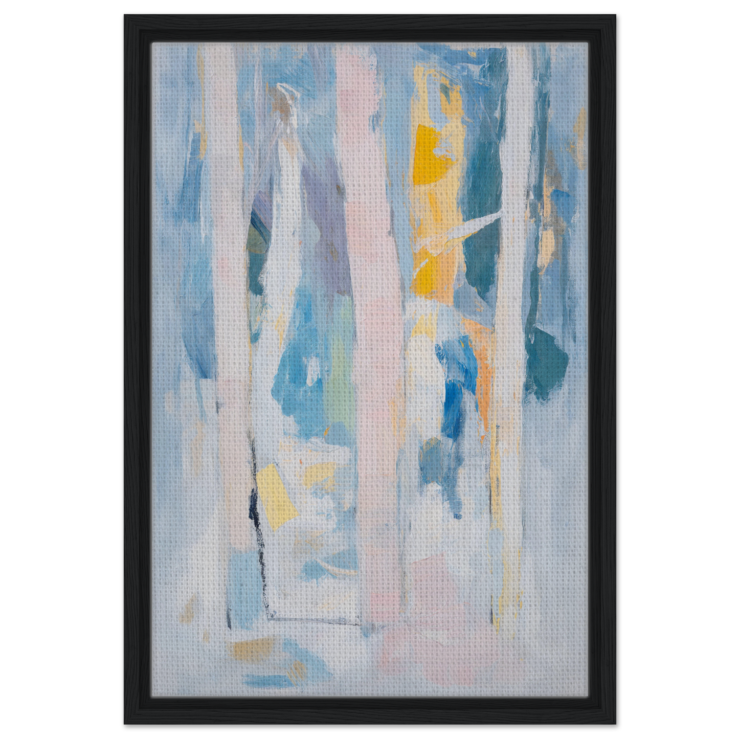 Abstract painting of vertical brushstrokes in blues and yellows for Translucent Sea Symphony