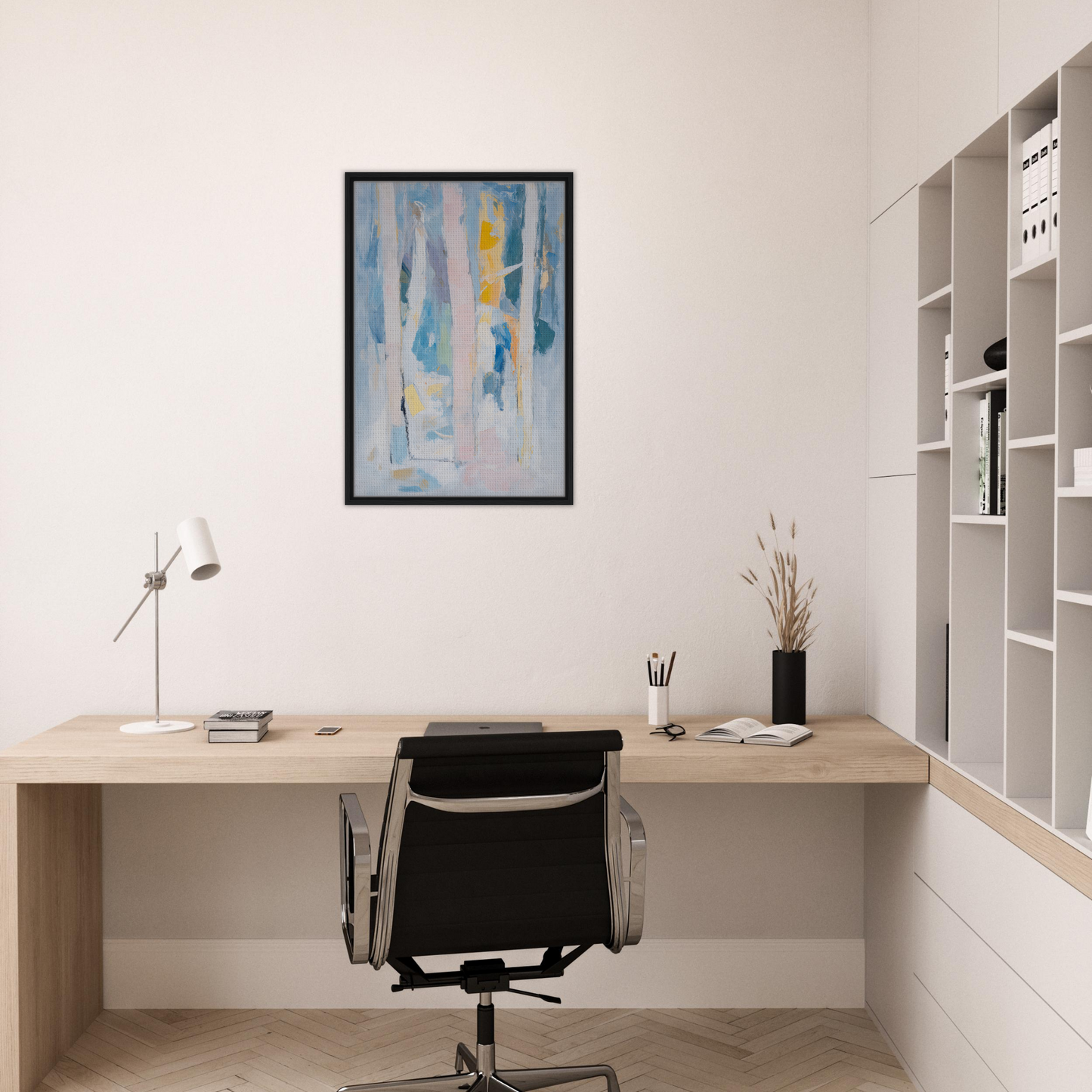 Minimalist home office featuring Translucent Sea Symphony framed canvas print and sleek desk