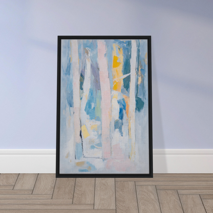 Framed abstract painting in soft blue, white, and yellow for room decor, Translucent Sea Symphony