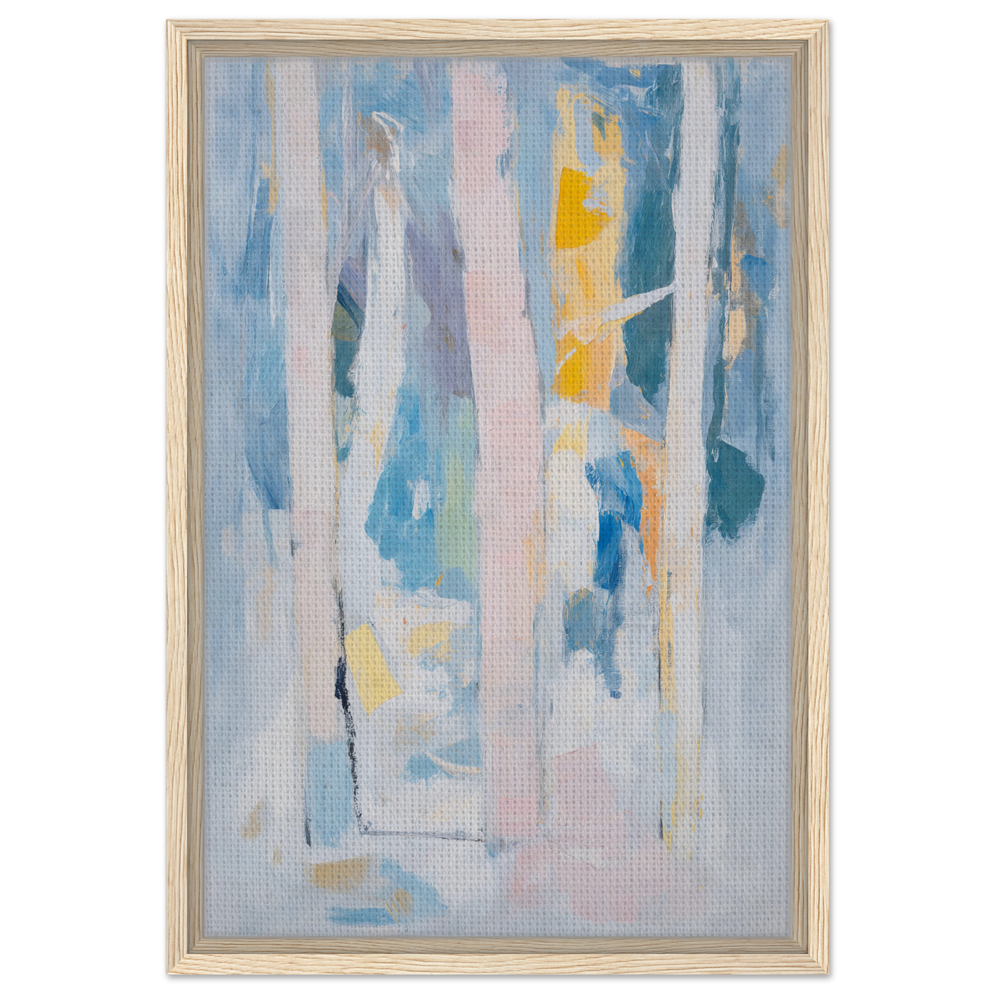 Abstract painting with vertical brushstrokes in blues and yellows, Translucent Sea Symphony