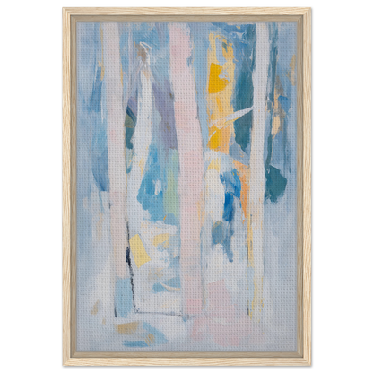 Abstract painting with vertical brushstrokes in blues and yellows, Translucent Sea Symphony