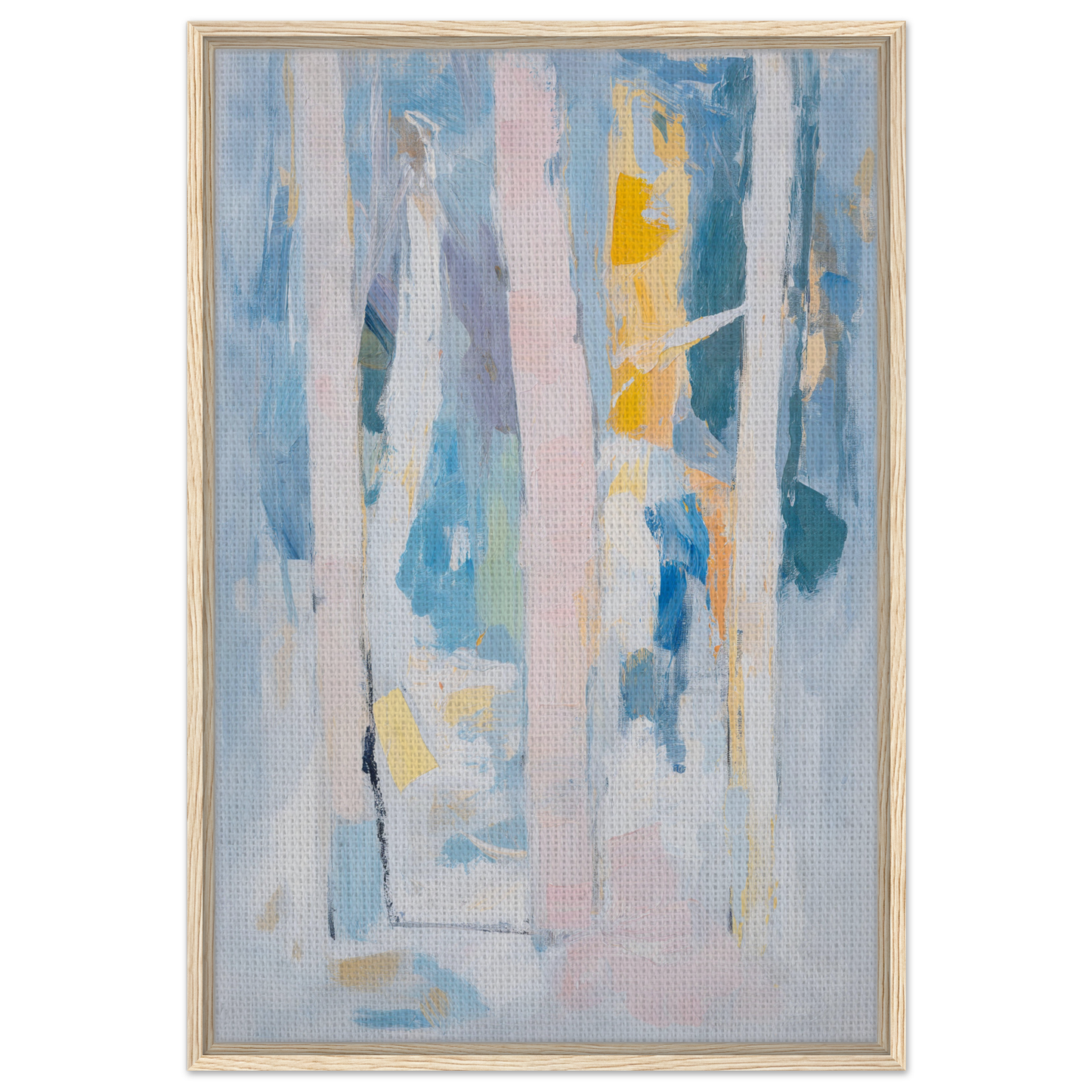 Abstract painting with vertical brushstrokes in soft blues, pinks, and yellows for Room Decor