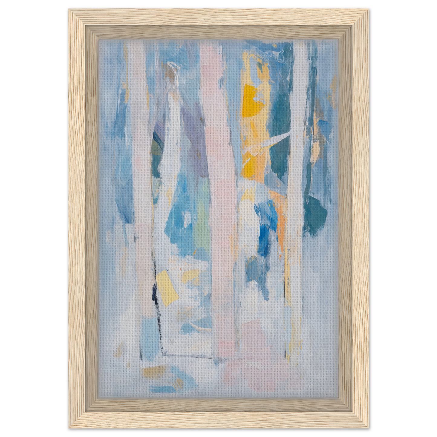 Abstract painting in soft blues, pinks, and yellows for room decor, Translucent Sea Symphony