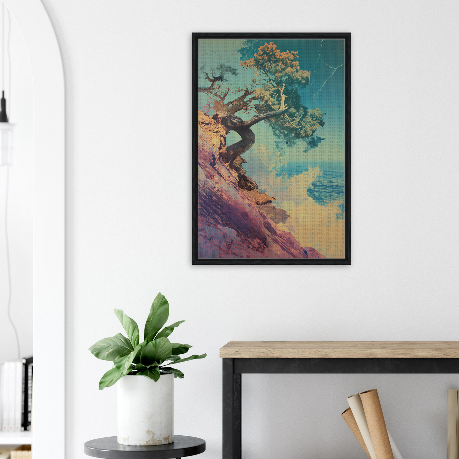 Framed artwork of a colorful tree on a cliff for Tree’s Equilibrium Vision room decor