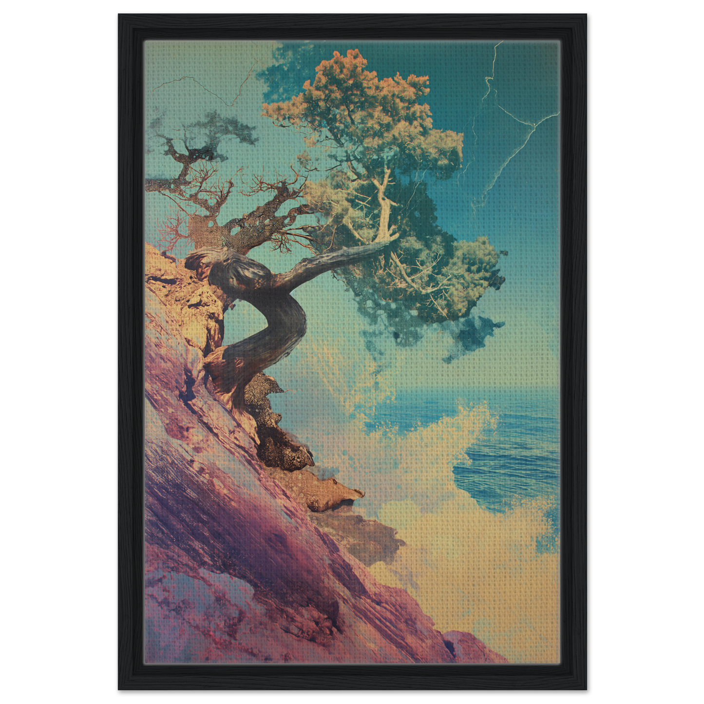 Tree’s Equilibrium Vision framed canvas print featuring a tree on a rocky cliff by water