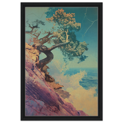 Tree’s Equilibrium Vision framed canvas print featuring a tree on a rocky cliff by water