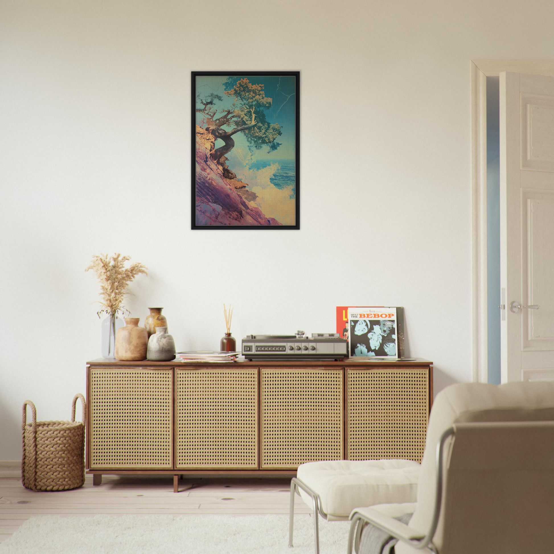 Wooden sideboard with cane-webbed doors from Tree’s Equilibrium Vision, adorned with decor