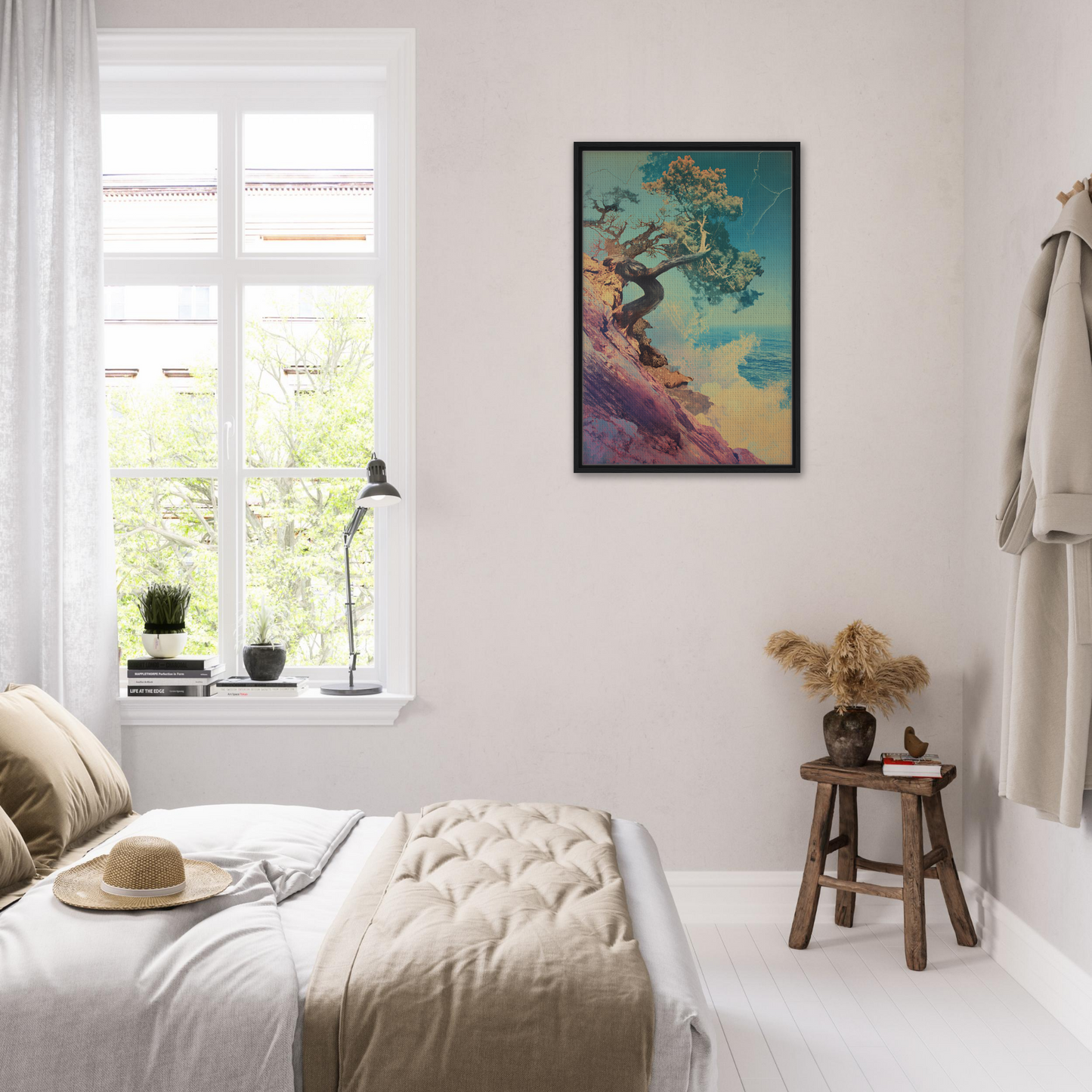 Bright, airy bedroom featuring Tree’s Equilibrium Vision decor and a colorful framed canvas print