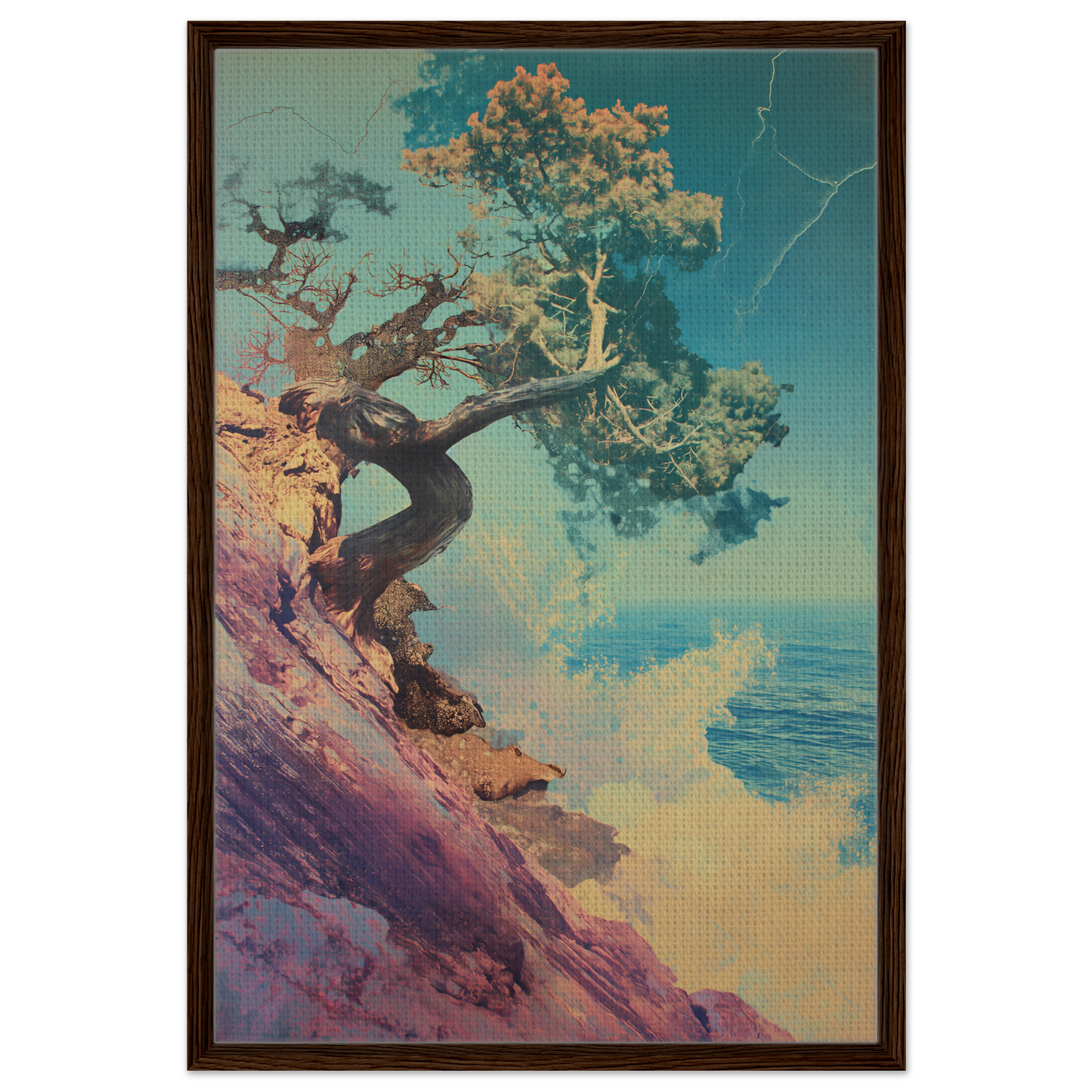 Gnarled tree on rocky cliff with sea view, featured in Tree’s Equilibrium Vision framed canvas print