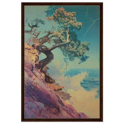 Gnarled tree on rocky cliff with sea view, featured in Tree’s Equilibrium Vision framed canvas print