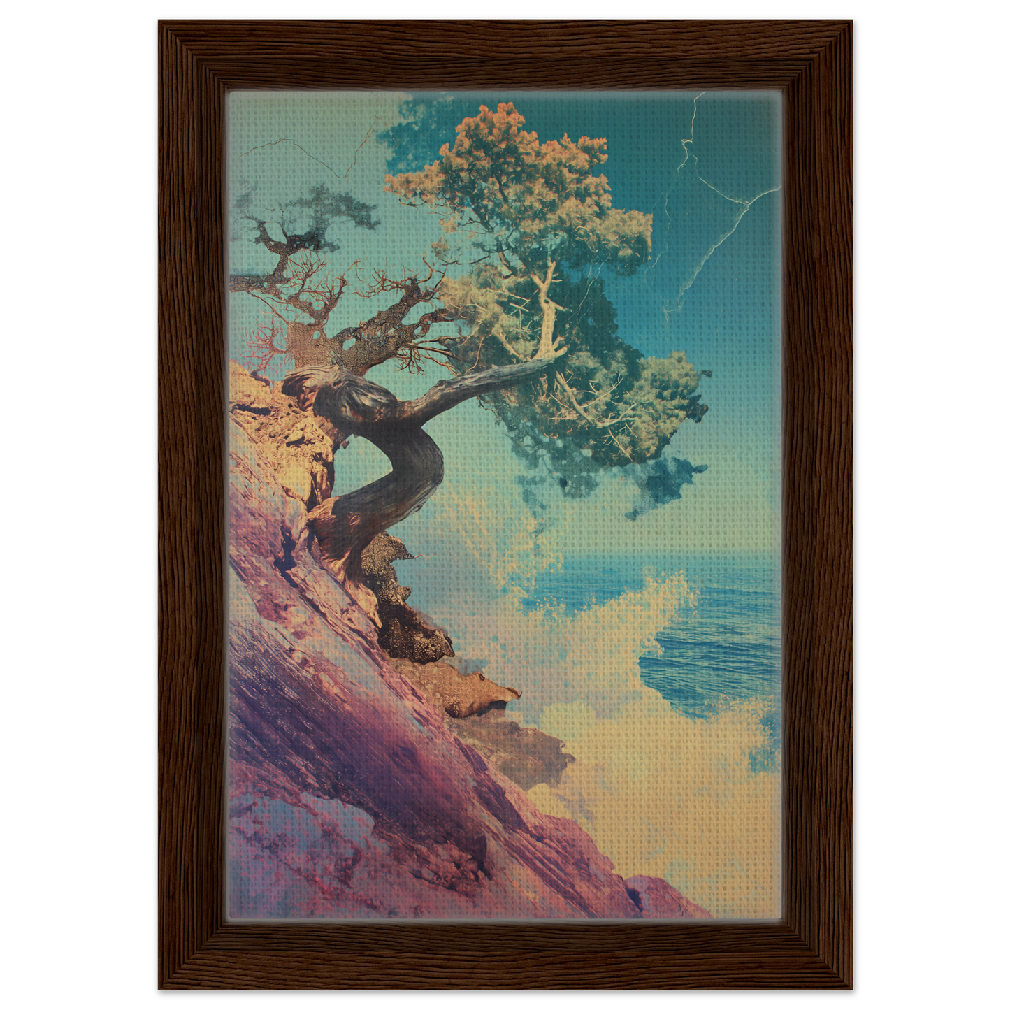 Gnarled tree on rocky cliff symbolizes Tree’s Equilibrium Vision in framed canvas print