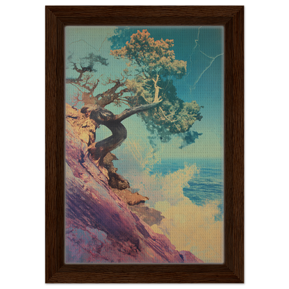 Gnarled tree on rocky cliff symbolizes Tree’s Equilibrium Vision in framed canvas print