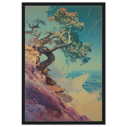 Gnarled tree on rocky slope representing Tree’s Equilibrium Vision framed canvas print