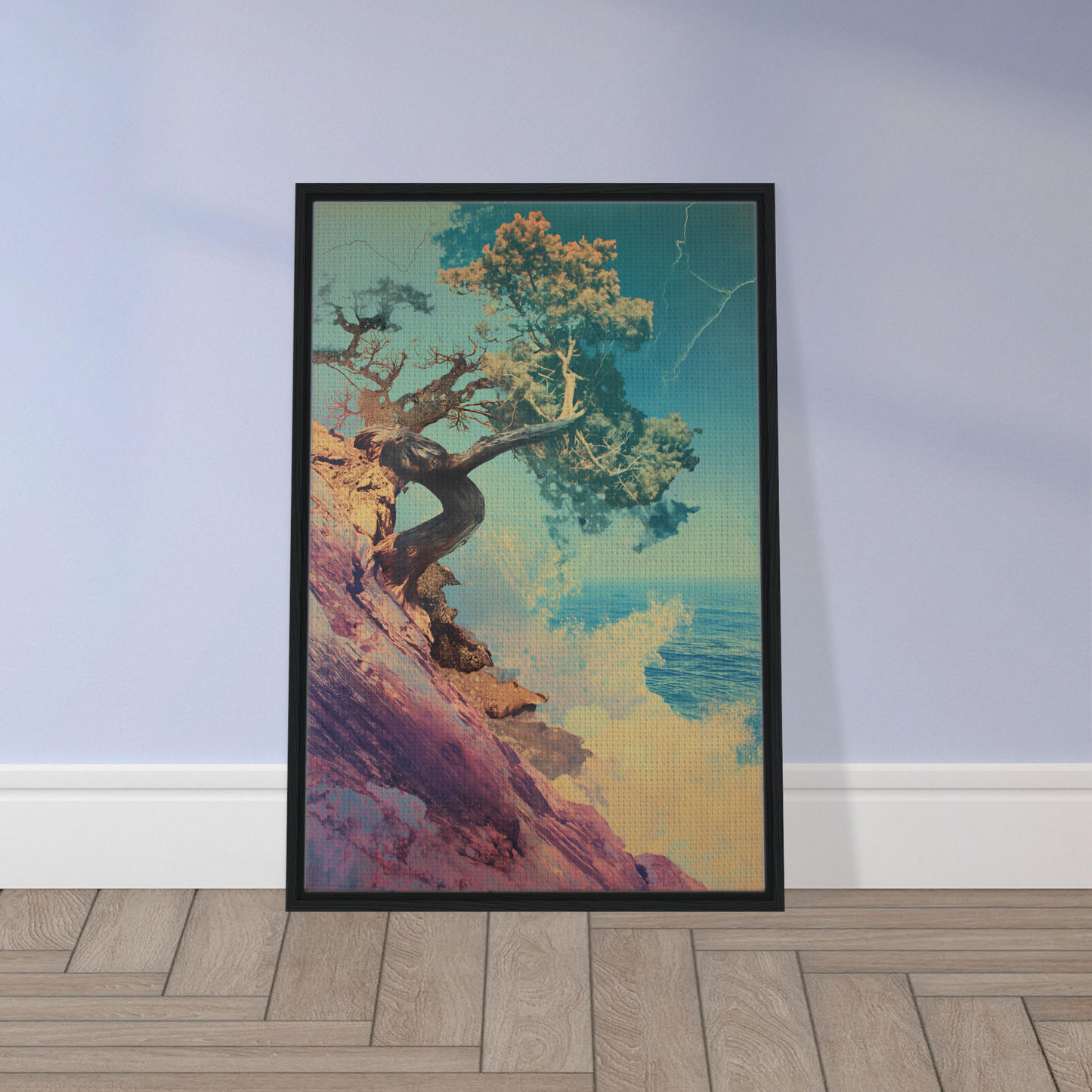 Framed artwork of a twisted tree on a vibrant cliff from Tree’s Equilibrium Vision