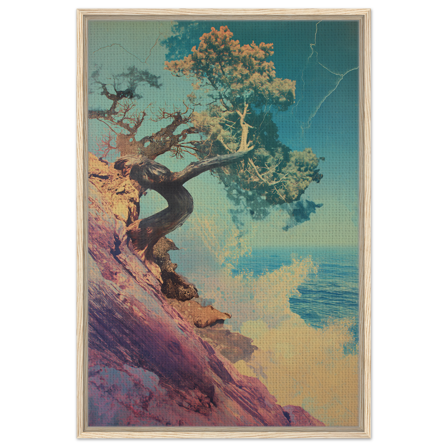 Gnarled tree on rocky cliff by the sea, embodying Tree’s Equilibrium Vision for room decor