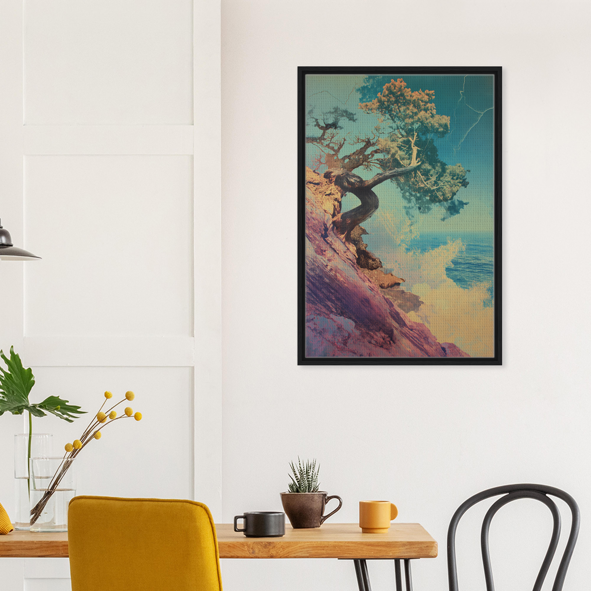 Framed canvas print of Tree’s Equilibrium Vision with a surreal tree on a colorful cliff