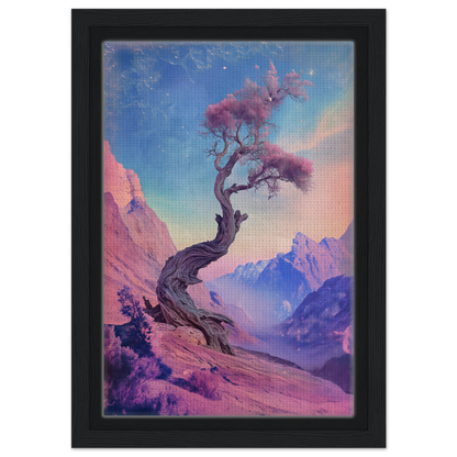 Twisted tree with pink foliage on rocky slope as featured in Tree’s Psychedelic Reverie