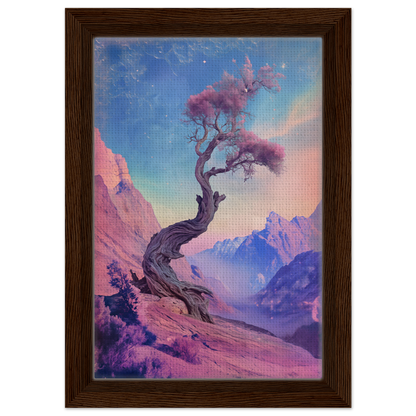 Twisted tree with pink foliage on a rocky slope enhances Tree’s Psychedelic Reverie room decor