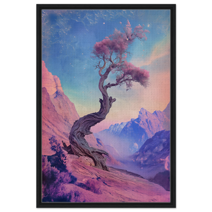 Twisted tree with pink foliage on rocky slope in Tree’s Psychedelic Reverie framed canvas print