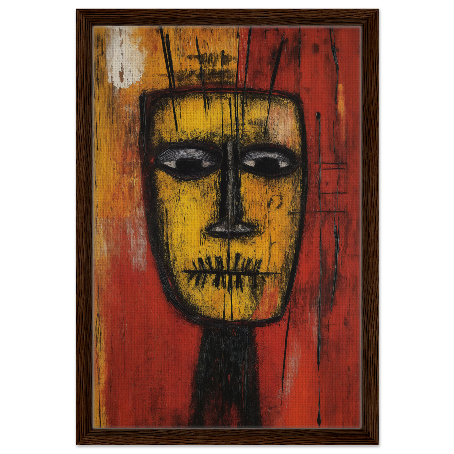 Stylized yellow face with dark features for Tribal Psyche Dance room decor