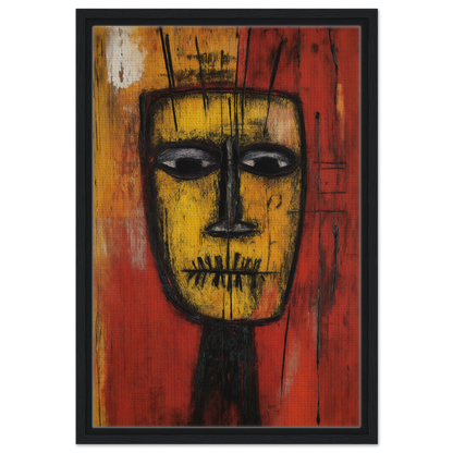 Stylized yellow face with stitched mouth for Tribal Psyche Dance room decor