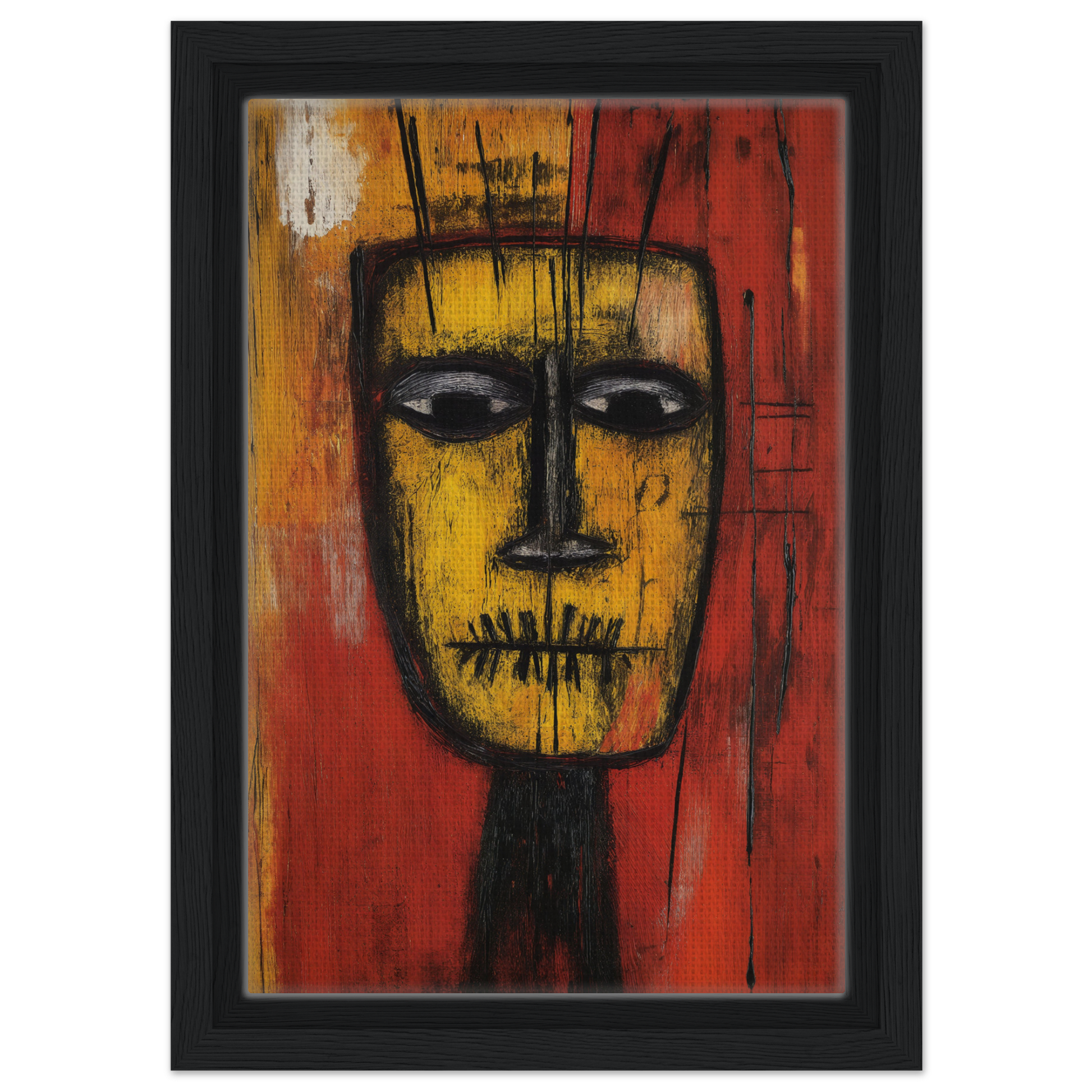 Stylized yellow face art for Tribal Psyche Dance room decor against a vibrant red background