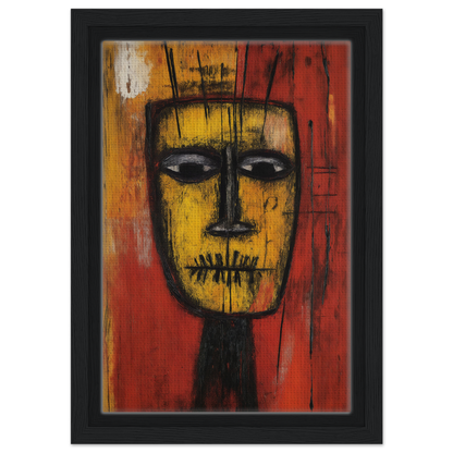 Stylized yellow face art for Tribal Psyche Dance room decor against a vibrant red background