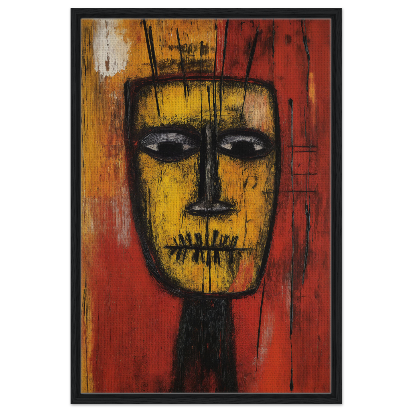 Abstract painting of a stylized face in yellow and black on red for Tribal Psyche Dance