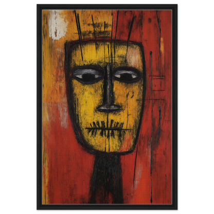 Abstract painting of a stylized face in yellow and black on red for Tribal Psyche Dance