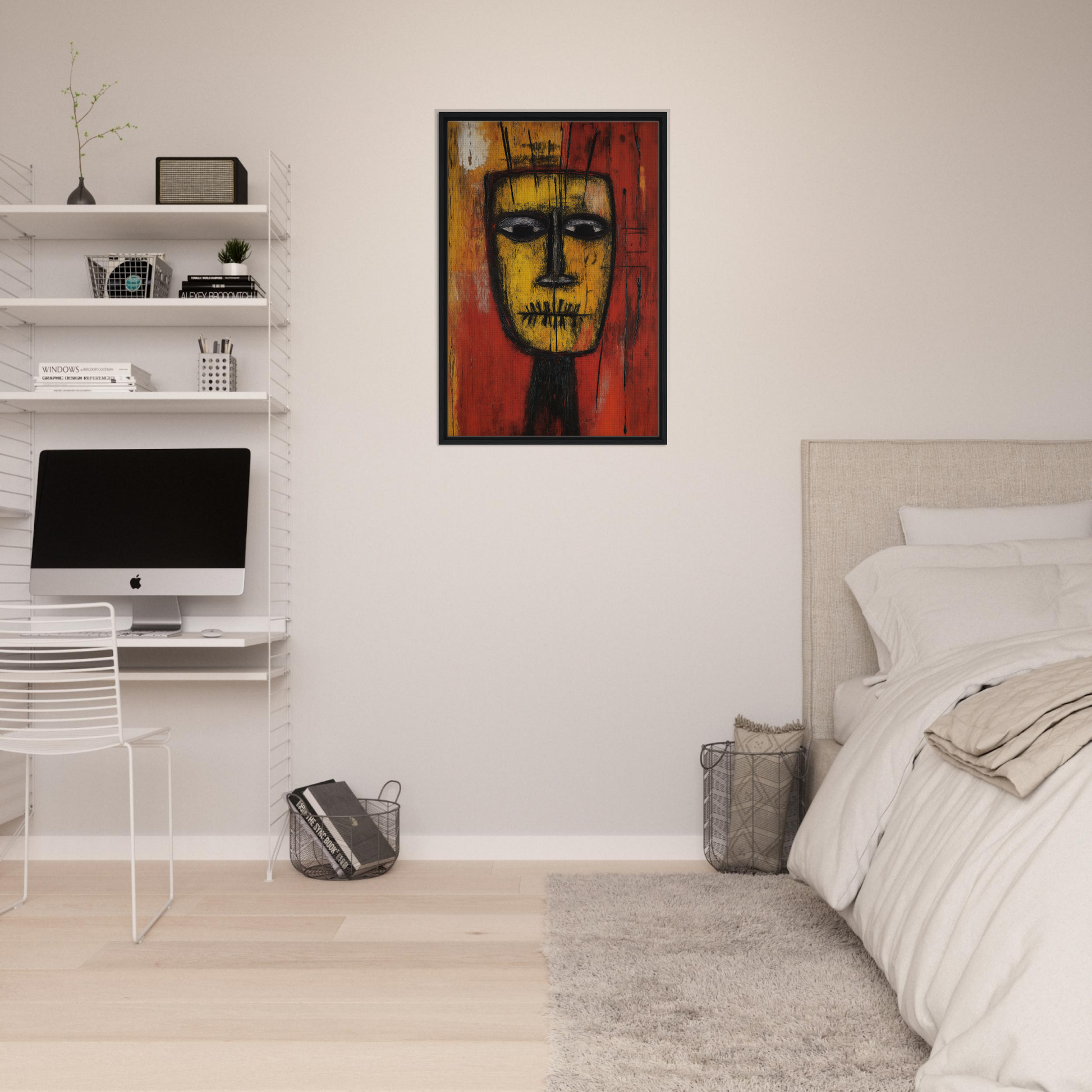 Abstract portrait with stylized face on red, ideal for Tribal Psyche Dance room decor