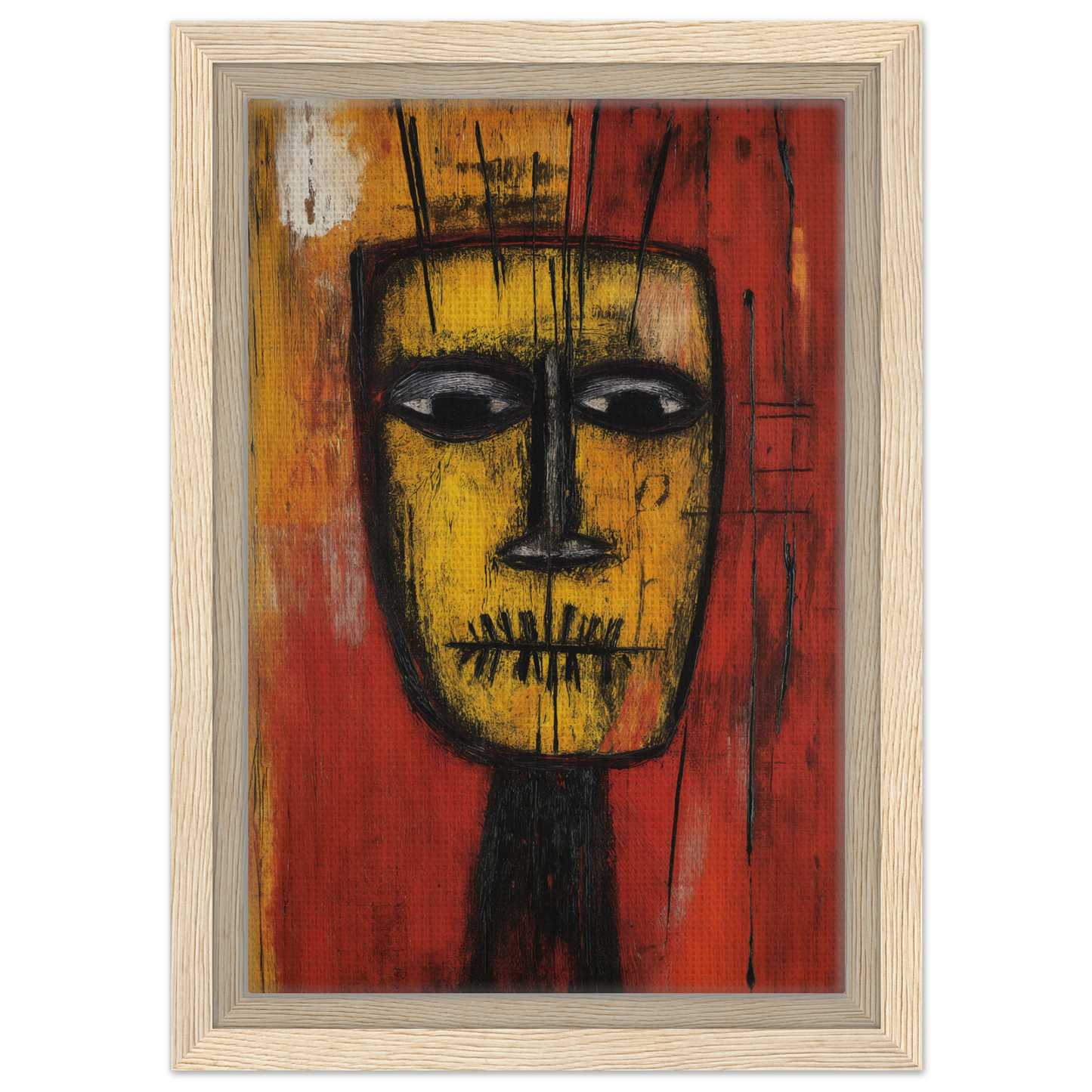 Abstract painting of a yellow face on red, perfect for Tribal Psyche Dance room decor