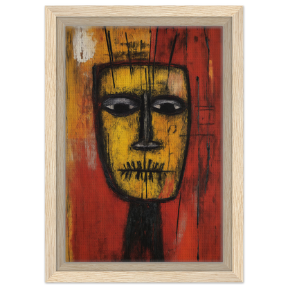 Abstract painting of a yellow face on red, perfect for Tribal Psyche Dance room decor