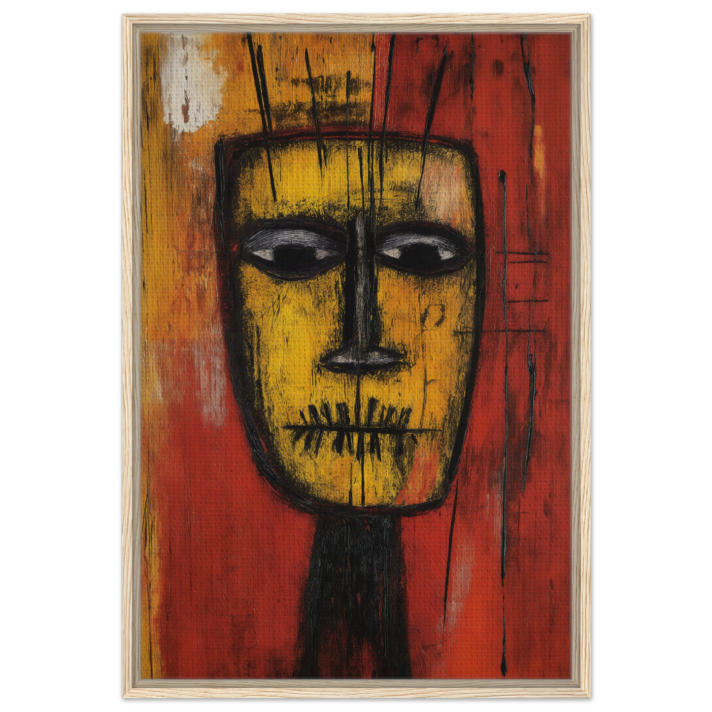 Stylized yellow face with dark features on red, showcasing Tribal Psyche Dance art