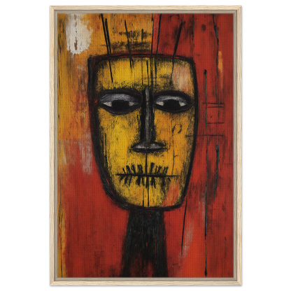 Stylized yellow face with dark features on red, showcasing Tribal Psyche Dance art