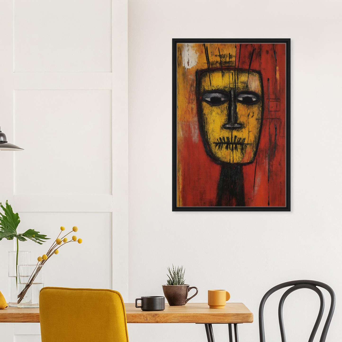 Abstract portrait painting featuring a yellow face on red, ideal for Tribal Psyche Dance room decor